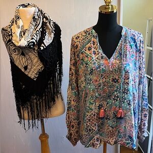 Feathers by Tolani Lightweight Floral Shirt/Cover-up + Fringed Shawl/Pareo**